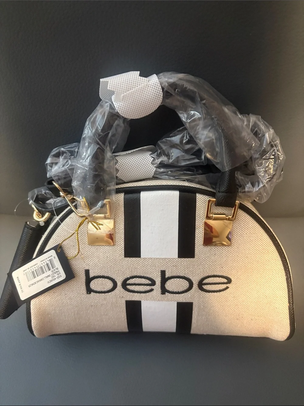 bebe Black & White Striped Dome Crossbody with Gold Hardware with accents - Picture 1 of 8